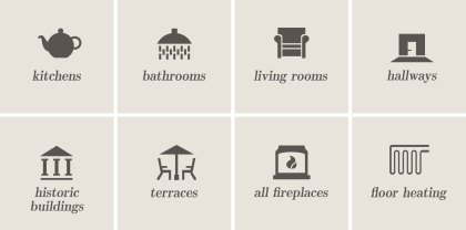 Application - kitchens, bathrooms, living rooms, hallways, historic buildings, terraces, fireplaces, floor heating